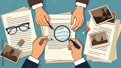 Detective or researcher hands using a magnifying glass to examine documents and vintage photographs on a busy office desk.