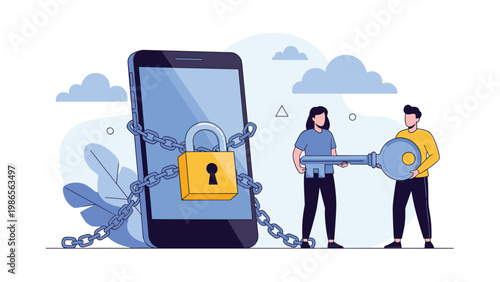 Mobile phone security concept with people holding a large key next to a smartphone wrapped in chains and a gold padlock.