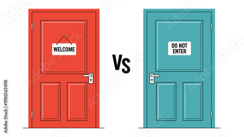 Comparison of two doors with a red door labeled welcome and a blue door labeled do not enter representing choices and access.