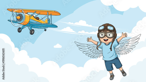 Imaginative young boy wearing aviator goggles and wings flies through the clouds next to a vintage propeller biplane in the blue sky.