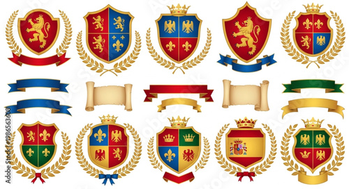 Collection of heraldic crests and shields with banners and laurel wreaths.