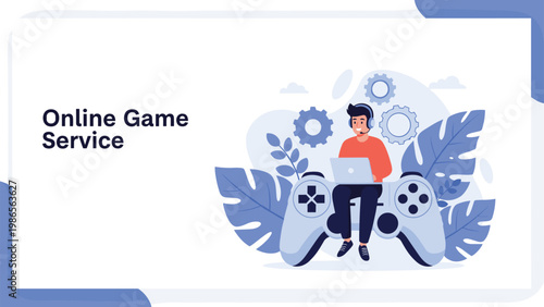 Young man enjoys online gaming services while sitting on a giant controller using his laptop and wearing a headset with a microphone.