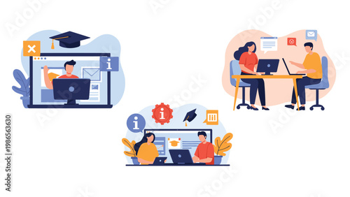 Educational scene showing diverse people using laptops for online learning with graduation caps and informational icons in the background.