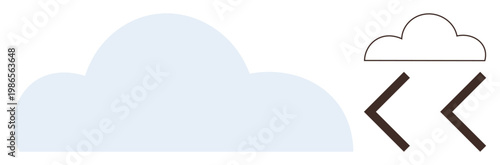 Cloud computing, data storage, technology integration, coding, digital transfer, software architecture. Blue cloud shape with coding symbols beside it. Cloud computing and data storage concept