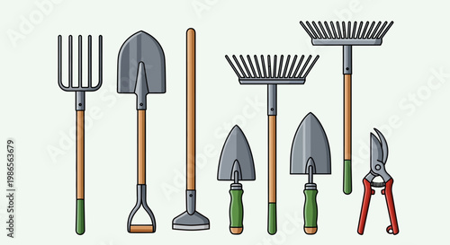 Essential Garden Tools Collection: Pitchfork, Spade, Shovel, Trowel, Rake, and Shears in Bright Studio