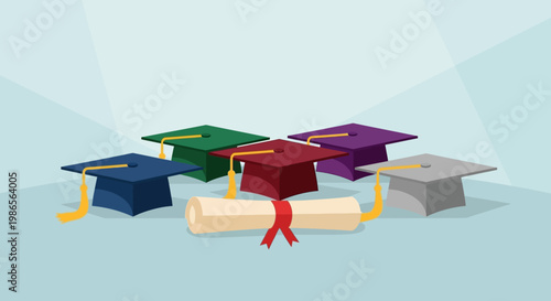 Academic Achievement: A vibrant array of graduation caps and a rolled diploma symbolize the culmination of academic pursuits, reflecting the joy and pride of reaching educational milestones.