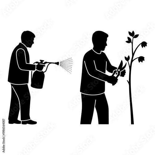 Gardening icons, silhouette men watering and pruning plants, black vector graphics