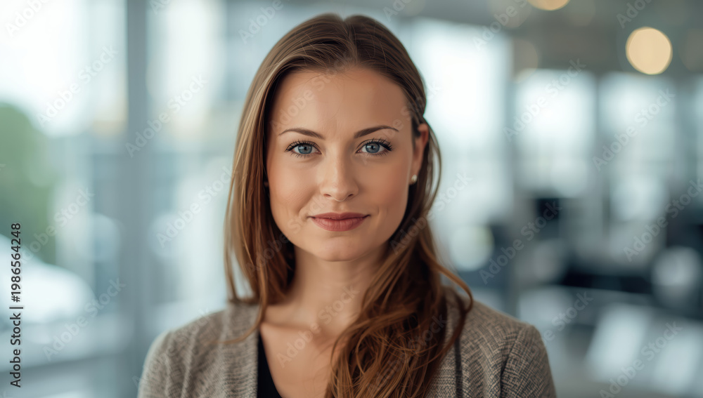 Fototapeta premium Confident professional woman portrait with soft smile and shallow depth of field
