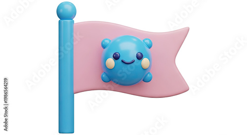 Cute Blue Creature on Pink Flag with White Background