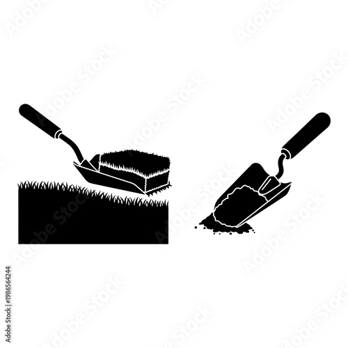Black and white garden trowel icons, gardening tools, landscaping vector graphics, turf cutter illustrations