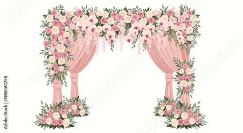 A decorative wedding arch adorned with pink and white roses is presented in a flat lay against a clean white background, creating a romantic and elegant visual with soft lighting
