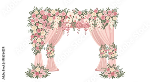 A decorative wedding arch adorned with pink and white roses and draped with soft pink fabric stands against a clean white background, creating an elegant and romantic floral arrangement