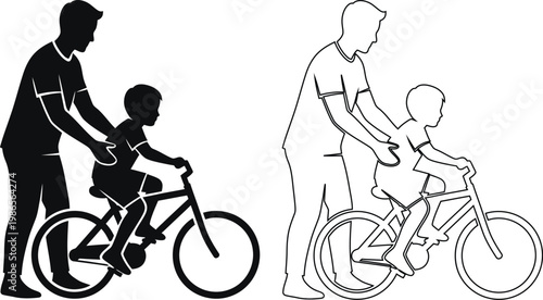 Adult teaching child how to ride bicycle with training wheels
