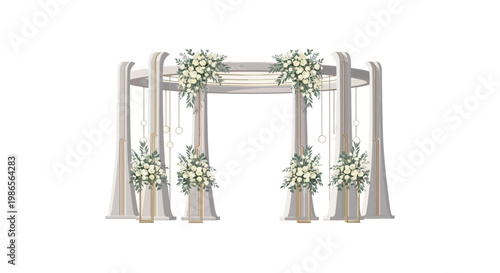 A wedding chuppah adorned with white floral arrangements and sheer fabric drapes stands against a plain white background, creating a scene with soft lighting and a romantic, elegant