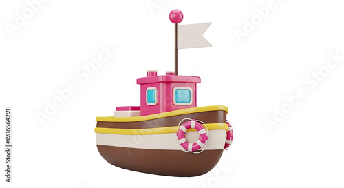 Cute Cartoon Tugboat with Lifebuoys