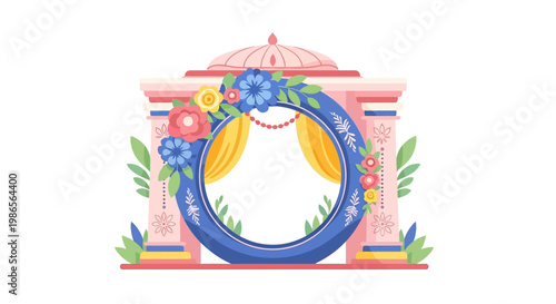 A decorative wedding arch adorned with colorful flowers and draped yellow fabric stands prominently against a pristine white background, creating a cheerful and inviting atmosphere