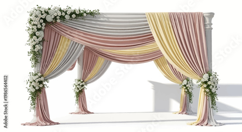 An elegant wedding archway, adorned with white flowers and draped in pastel-colored fabrics of pink, white, and yellow, stands against a clean white background in a softly lit, romantic