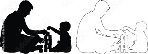 Adult and Child Playing with Wooden Building Blocks Together