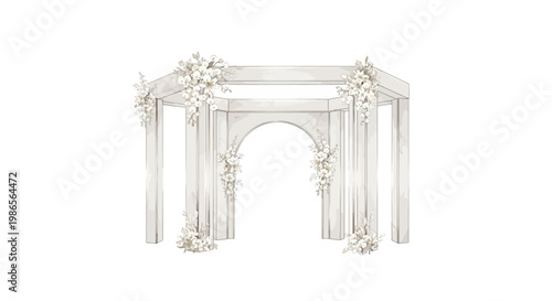 Watercolor illustration of an octagonal wedding archway adorned with cascading white flowers and sheer drapery, presented in a soft, dreamy style against a plain white background to evoke