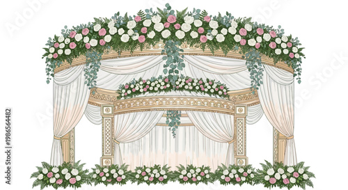 Illustration of an ornate wedding gazebo decorated with white and pink flowers and draped with sheer white fabric, set against a plain white background, creating an elegant and romantic