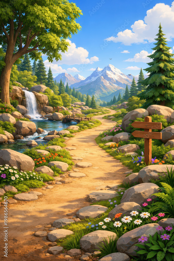 Fototapeta premium A scenic mountain path with a waterfall and blooming flowers.
