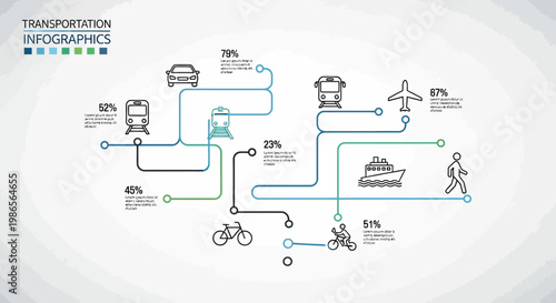 Transportation Infographics: A stylized infographic showcasing various modes of transport, presented in a clean and modern design. It provides a visual representation of how each vehicle are related.