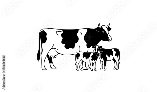 Minimal dairy cow with calves vector illustration farm animal silhouette