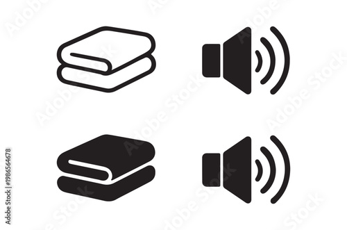 Simple black icons depicting books and speakers on a white background