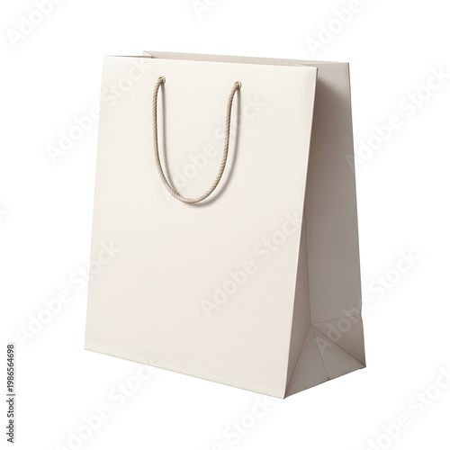 Beige paper shopping bag with rope handles on transparent background