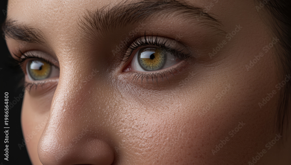 Fototapeta premium Close up of female face with detailed skin texture and hazel eye expression