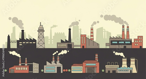 Industrial factory landscape with smoke stacks and pollution.
