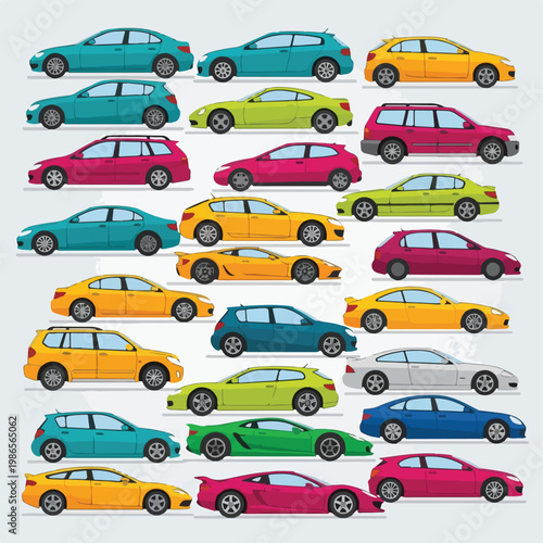 A colorful illustration of 20 cars in various colors and models