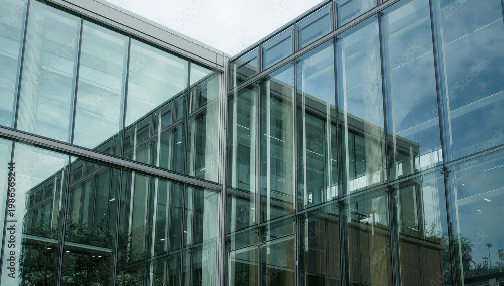 Obraz premium Modern office building with reflective glass facade and natural material accents, calm atmosphere
