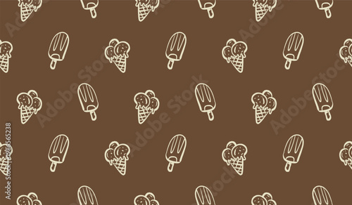 Ice cream doodle background. Chocolate ice cream pattern background. Vanilla ice stick seamless pattern for packaging. Summer beverage hand drawn wallpaper.