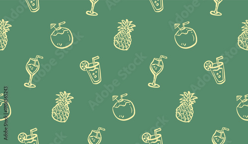 Orange juices doodle background. Fresh drinks pattern background. Summer drinks seamless pattern for kids. Summer beverage hand drawn wallpaper containing pineapple and coconut water.