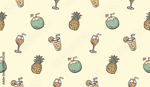Orange juices doodle background. Fresh drinks pattern background. Summer drinks seamless pattern for kids. Summer beverage hand drawn wallpaper containing pineapple and coconut water.