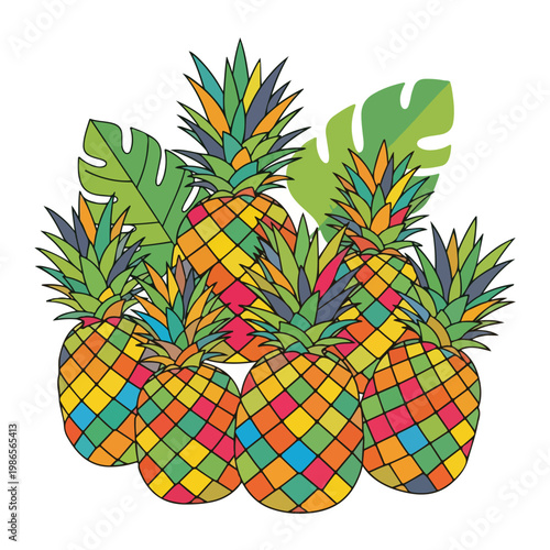 A colorful illustration of a bunch of stylized pineapples