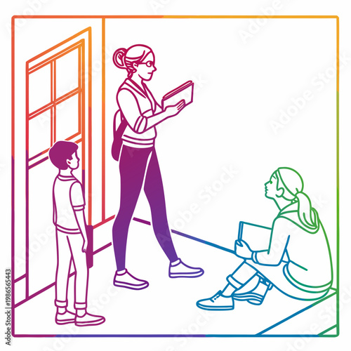 Woman reading a book to two young people outside.