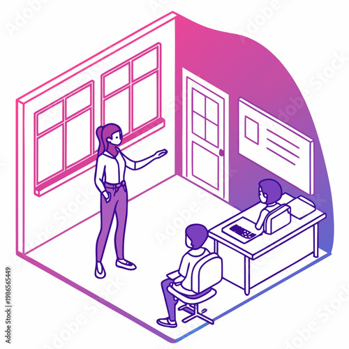 Female teacher instructing students in classroom.