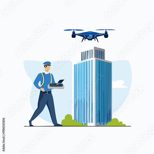 Man operating drone near skyscraper.