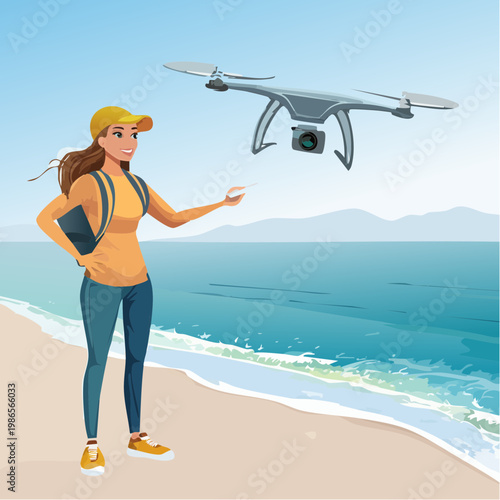 Woman operating drone on beach.