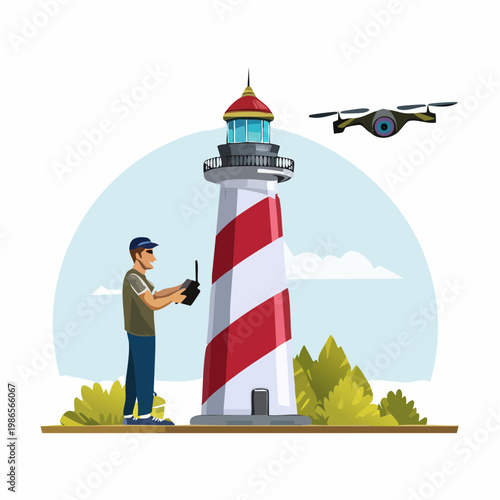 Man operating drone near lighthouse tower.