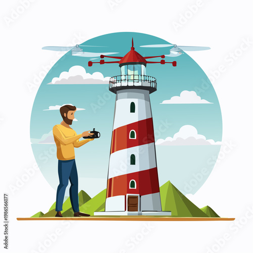 Man operating drone near lighthouse tower.