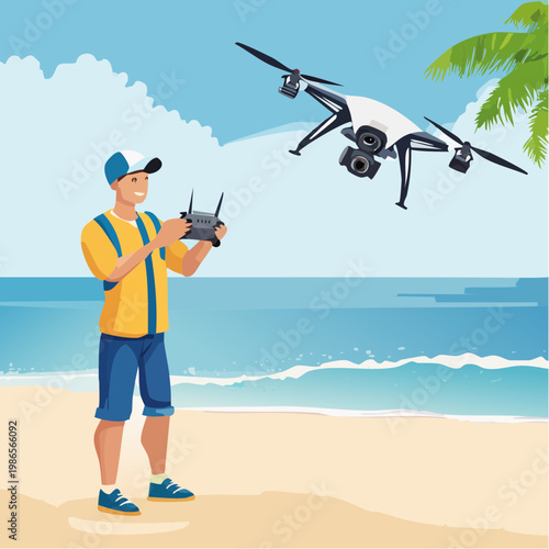 Man flying drone on the beach.