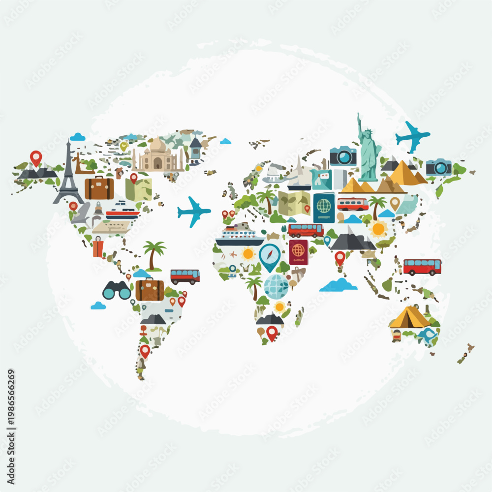 Fototapeta premium A colorful illustration of a world map with travel icons