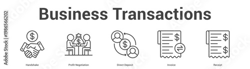 Business Transactions web banner icon set vector illustration concept for business with icon of Handshake, Profit Negotiation, Direct Depos.