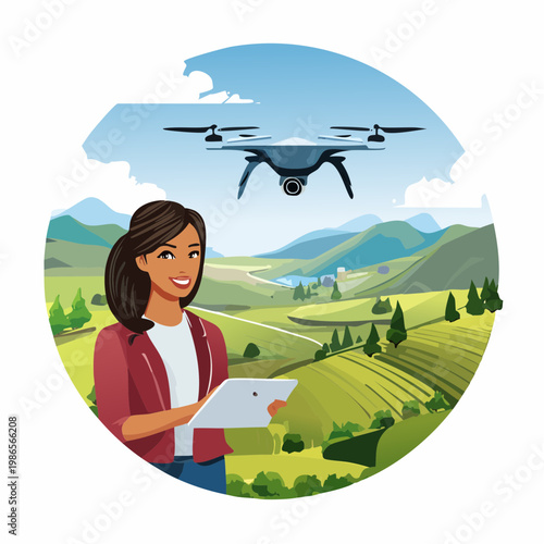 Woman operating drone over countryside landscape.