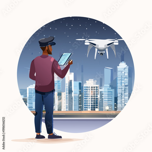 Man operating drone with cityscape background.