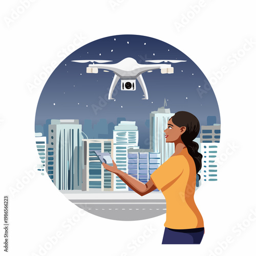 Woman operating a drone in the city.