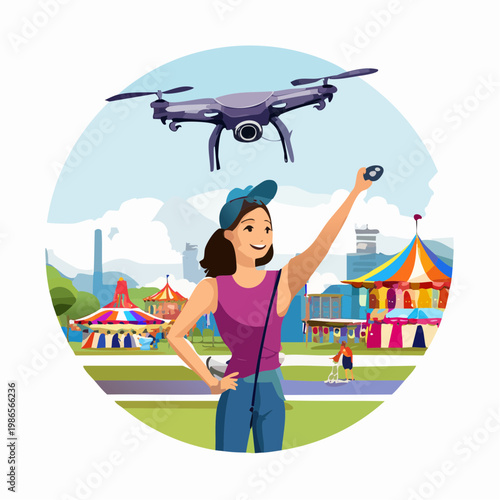 Woman operating a drone outdoors recreationally.